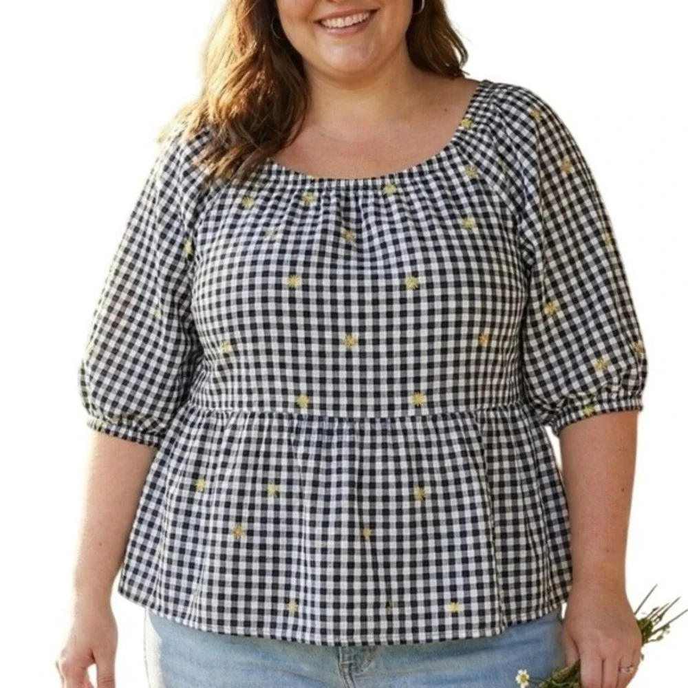 Old Navy Cottagecore Peplum Top‎ Puff Sleeve 3X Black Gingham Daisy Embroidered